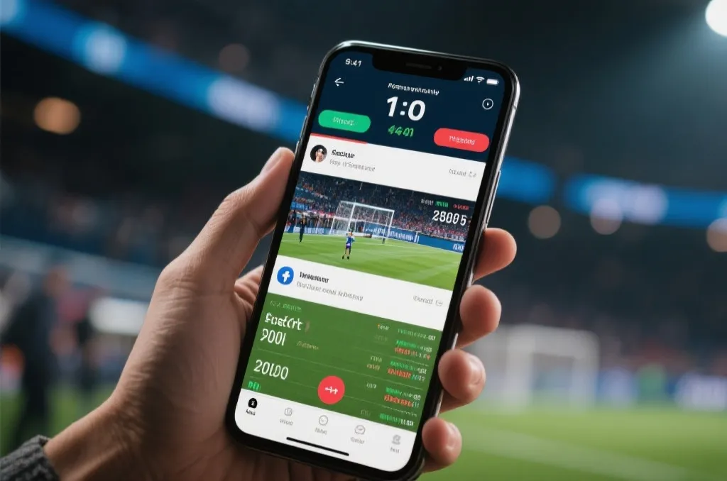手机屏幕显示社交媒体讨论、比赛数据和实时比分，体现舆论与数据交织